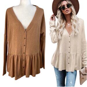 Peplum Hem Oversized Cardigan Sweater Neutral Minimalist Rayon Size Medium